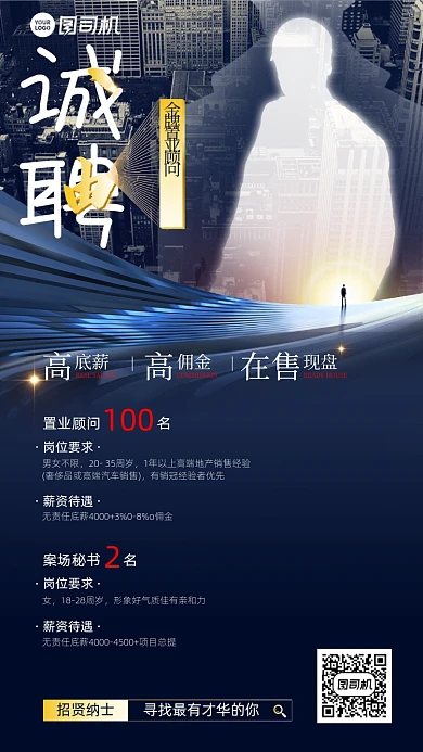 诚聘商务人物剪影手机海报
