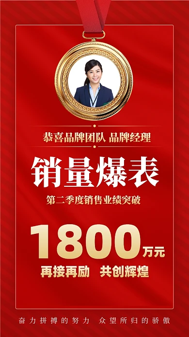 销量业绩喜报红金色摄影图海报