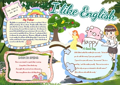 我爱英语卡通小学生英语小报模板