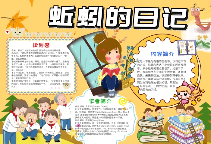黃色卡通蚯蚓的日記小報(bào)手抄報(bào)模板