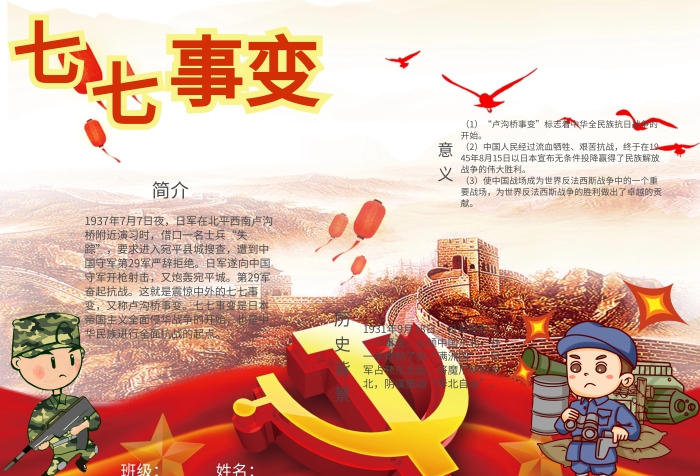 七七事變抗日戰(zhàn)爭英雄小報手抄報模板