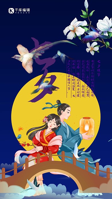 七夕牛郎織女 喜鵲 橋 花藍色中國風