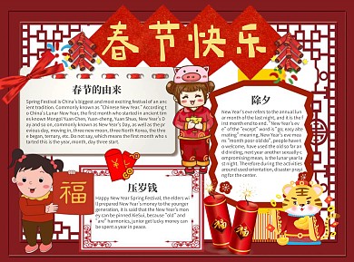 紅色邊框新年快樂英語小報word手抄報