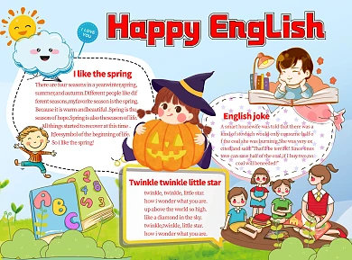 蓝色儿童风快乐英语手绘卡通小报word手抄报