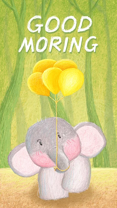 早安你好可爱小清新线圈风小象气球树林插画