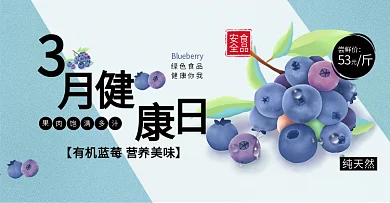 电商淘宝3月健康日蓝莓水果印章蓝色海报