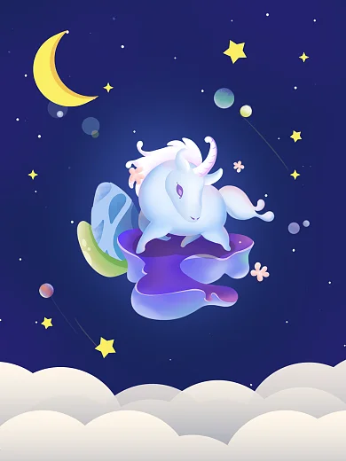 在月亮和星星的天空背景的独角兽