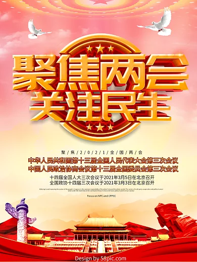 红色大气聚焦两会关注民生党建海报