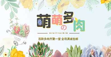 蓝色小清新多肉全屏促销海报banner电商淘宝