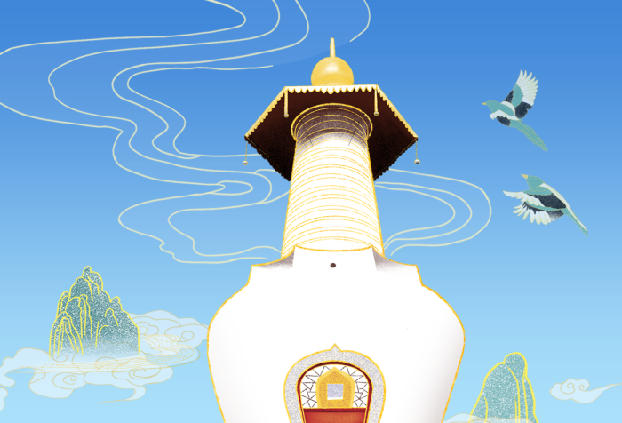 手繪景點瘦西湖白塔手機海報
