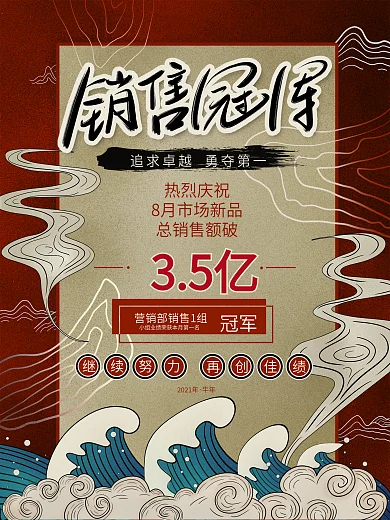 手绘复古国潮风创意销售冠军喜报宣传海报