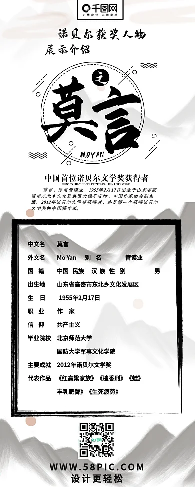 莫言诺贝尔文学奖获得者科普干货信息长图