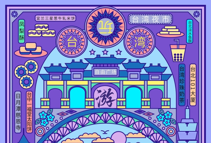 鳳梨酥新月橋風(fēng)格臺灣景點(diǎn)美食旅游海報(bào)
