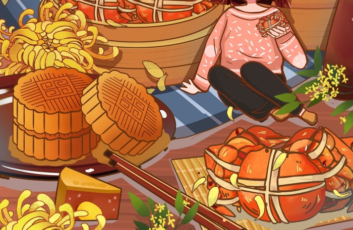 秋天蒸籠桂花菊花中秋月餅美食插畫
