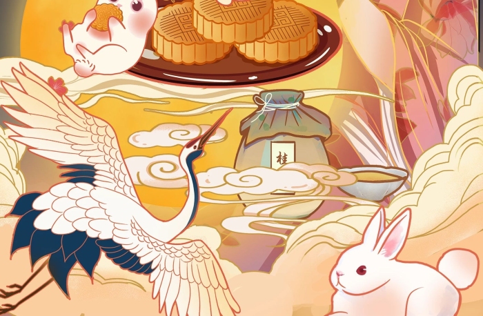 團(tuán)圓國潮月餅國潮風(fēng)仙鶴圓月桂花酒插畫
