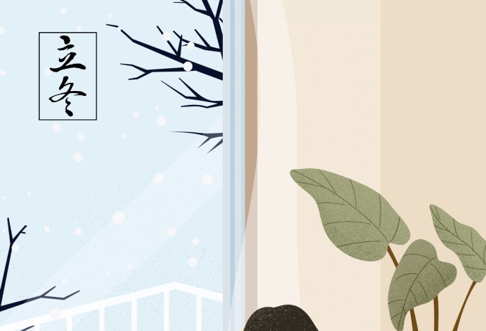 節(jié)氣立冬溫暖觀雪喝茶女孩插畫海報(bào)

