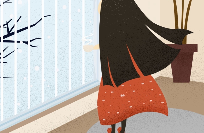 節(jié)氣立冬溫暖觀雪喝茶女孩插畫海報(bào)
