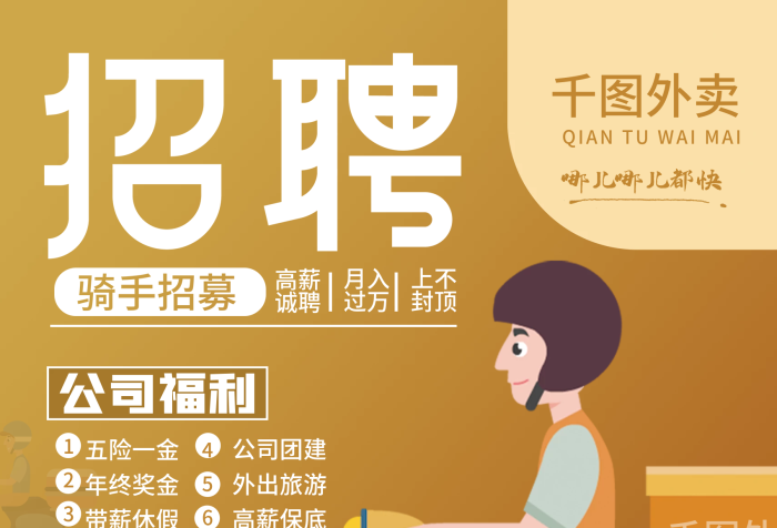 高薪誠(chéng)聘外賣(mài)騎手送餐員招聘宣傳海報(bào)
