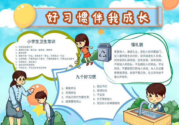 手繪卡通好習慣伴我成長手抄報