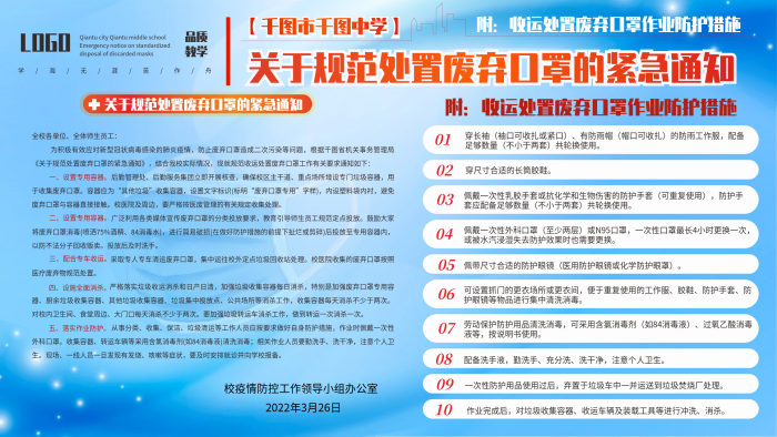 品質(zhì)教學(xué)處置廢棄口罩的緊急通知展板
