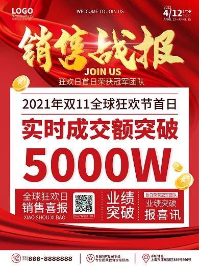 原创红色喜庆双十一销售大字报喜报战报海报