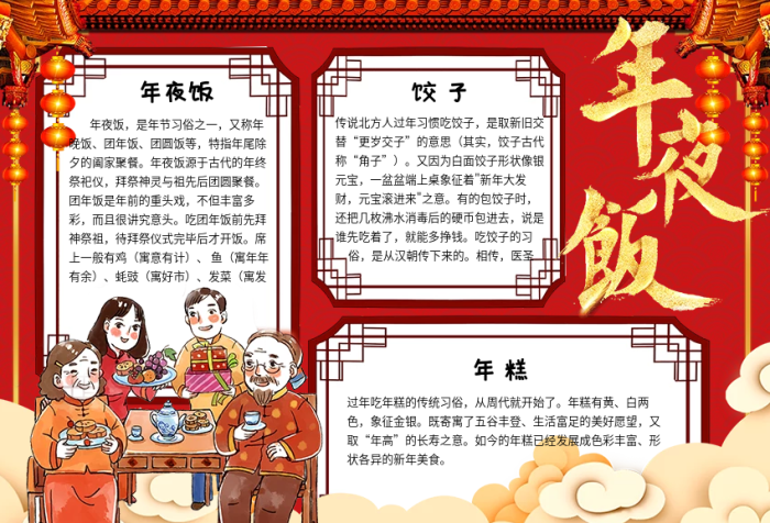 紅色卡通中國(guó)風(fēng)除夕年夜飯學(xué)生手抄報(bào)小報(bào)電子模板