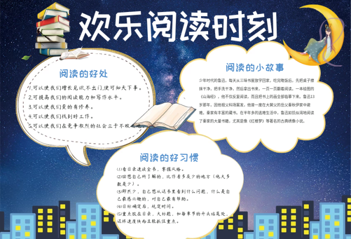 卡通夜晚歡樂閱讀時(shí)刻手抄報(bào)