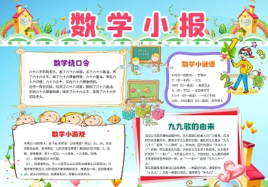 卡通风格数学小报电子手抄报word与psd模板