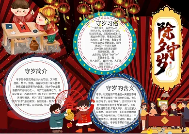 除夕守岁喜庆红色手抄报PSD