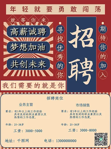红色复古高薪招聘岗位海报广告