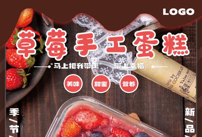 甜甜的草莓味草莓藍莓蛋糕粉色美味美食海報