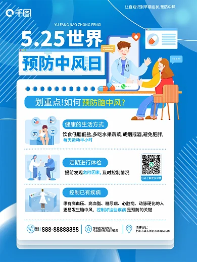 卡通风联系电话世界预防中风日知识科普海报