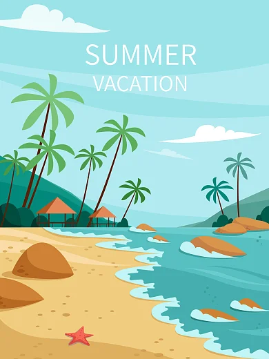 扁平插画暑假海滩沙滩海边蓝色
