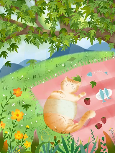 夏天户外的猫咪手绘插画小清新