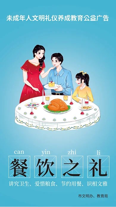 插画风讲究卫生爱惜粮食礼四仪公益海报