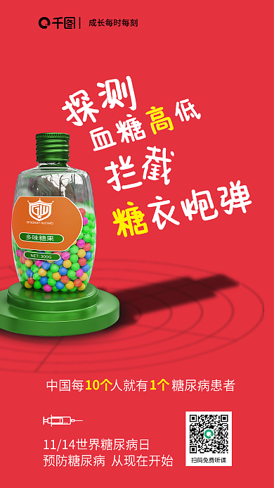 世界糖尿病血糖高低海報(bào)糖果炮彈探測(cè)信號(hào)針管