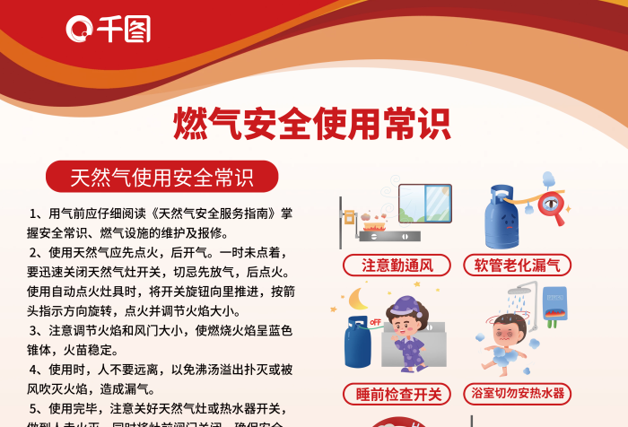 天然氣安全注意勤通風(fēng)切勿分心海報簡約科普展板紅