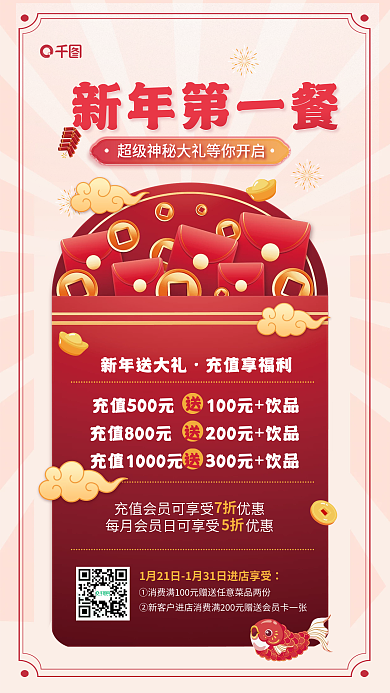 餐廳充值新年第一餐新年送大禮活動宣傳海報