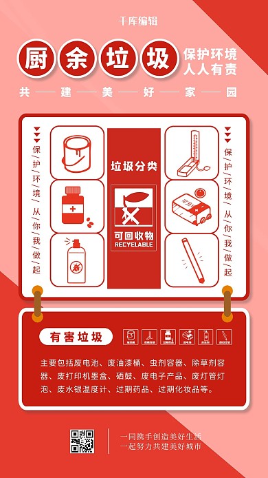 垃圾分類有害垃圾 紅色簡約海報(bào)