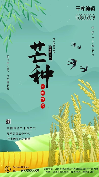 芒种水稻 田野绿色 黄色卡通海报