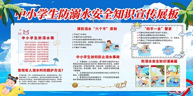 中小學生防溺水卡通人物藍色簡約展板