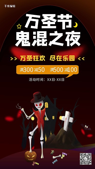 萬圣節(jié)骷髏夜晚紅黑卡通促銷海報