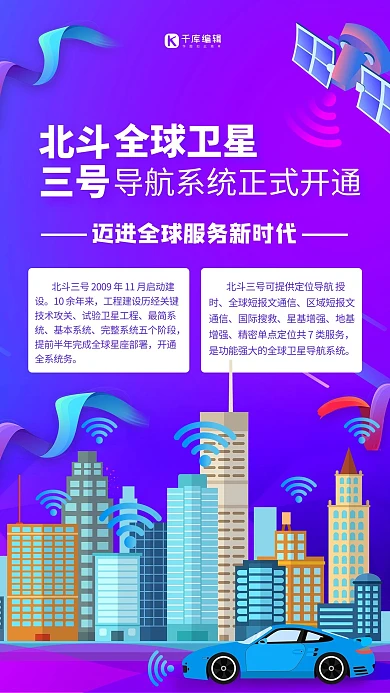 北斗三号全球卫星导航系统正式开通卫星紫色渐变海报