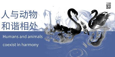 人与动物和谐共存天鹅蓝色水墨