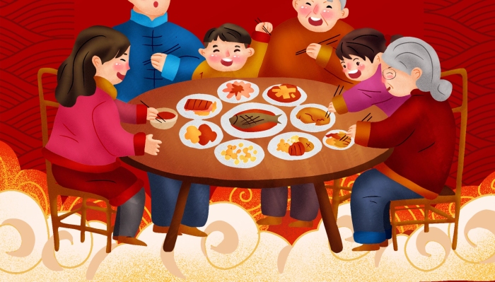 背景新年紅色個(gè)性年夜飯預(yù)定x展架
