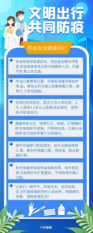 疫情防护文明出行共同防疫蓝色简约卡通营销长图
