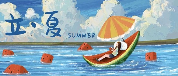 立夏西瓜藍(lán)色插畫公眾號(hào)首圖