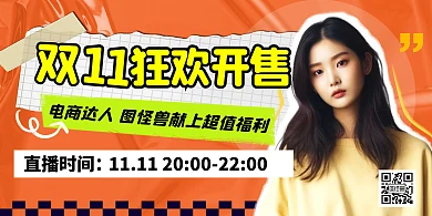 双11狂欢购物节直播彩色简约风横版海报