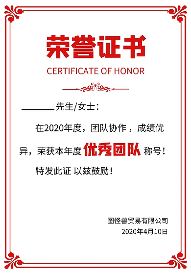 2020印花红商务风优秀团队颁奖证书