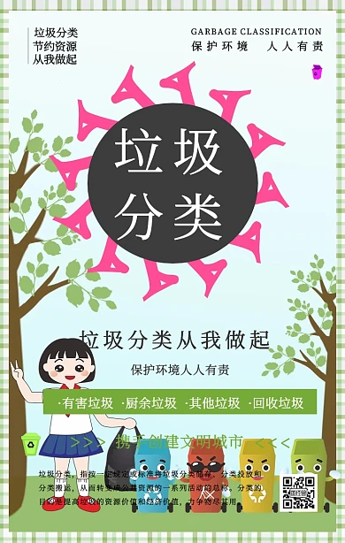 简约插画风垃圾分类小知识宣传手机海报